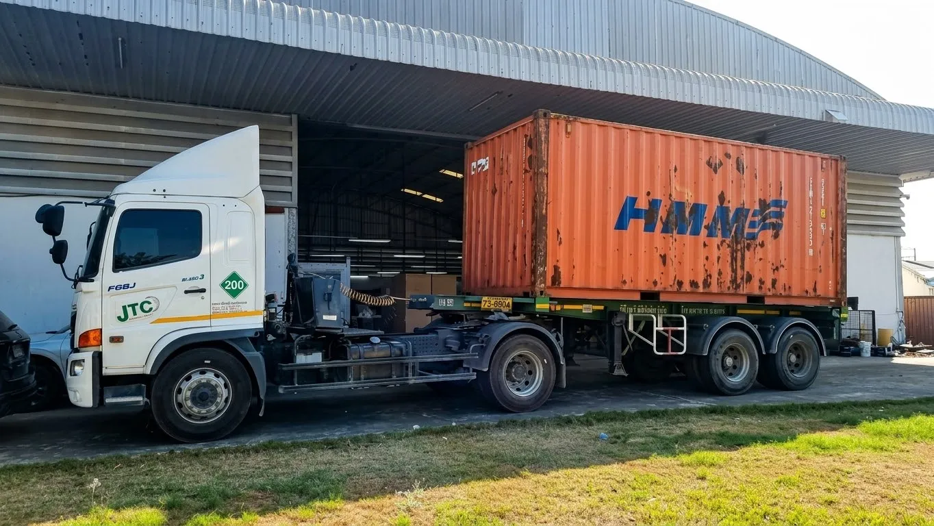 A shipping container at the factory.